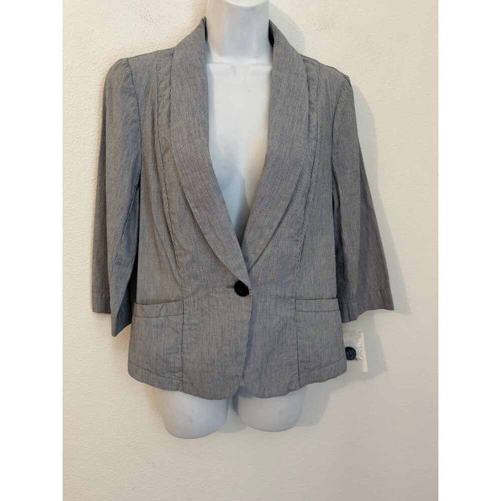 Ambition Jacket Blazer M Blue White Striped Preppy Coastal 3/4 Sleeve New